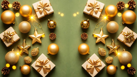 Christmas background with golden decorations and gift boxes on a green background.の素材