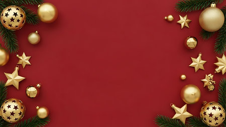 Christmas background with gold and red decorations, gift boxes and snowflakes on green backgroundの素材