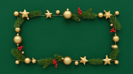 Christmas frame made of fir branches and golden balls on green background.の素材