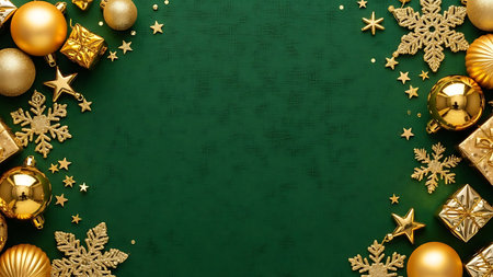 Christmas background with golden decorations and snowflakes. Top view with copy spaceの素材
