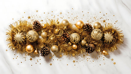 Golden christmas garland with pine cones and stars on white backgroundの素材