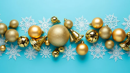 Christmas background with golden baubles and snowflakes on blueの素材