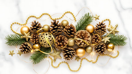 Christmas or New Year decoration on white marble background. Flat lay, top view.の素材