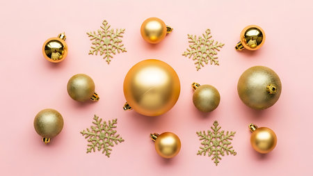 Christmas composition. Christmas balls, snowflakes on pastel pink background. Flat lay, top view, copy spaceの素材
