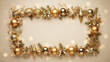 Christmas background with golden baubles and fir branches. 3D illustration.の素材