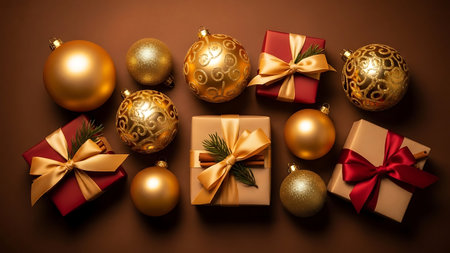 Christmas background with golden balls, gift boxes and ribbons on brownの素材