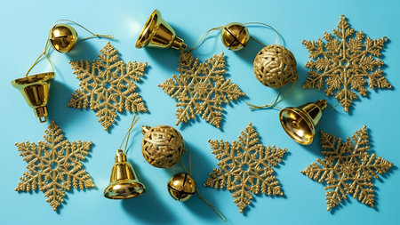 Golden Christmas ornaments on a blue background with snowflakesの素材