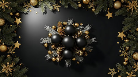 Black Christmas background with fir tree branches, golden and silver balls, snowflakes and stars.の素材