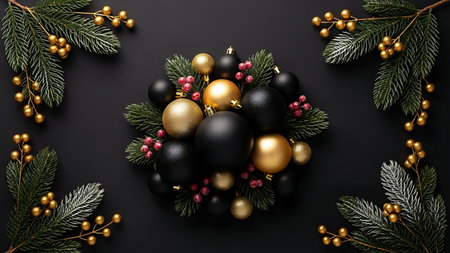 Christmas and New Year holiday background with black and gold baubles, fir branches and golden beads on black backgroundの素材