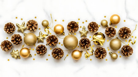 Golden Christmas decoration on white background. Flat lay, top view.の素材