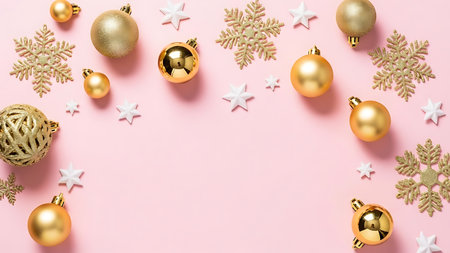 Christmas composition. Christmas balls, snowflakes on pastel pink background. Flat lay, top view, copy spaceの素材