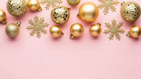 Christmas or New Year composition. Golden Christmas balls, snowflakes on pink background. Flat lay, top view, copy spaceの素材