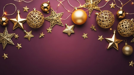 Christmas background with golden christmas ornaments on purple background.の素材