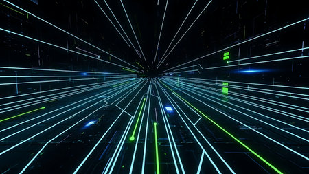abstract 3d illustration of futuristic tunnel with glowing lines and lightsの素材