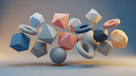 3d rendering of geometric shapes in blue and beige colors.の素材