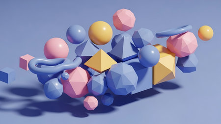 Abstract 3d rendering of geometric shapes in blue and yellow colors.の素材