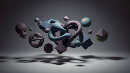 Abstract 3d rendering of geometric shapes in grey background. Computer generated illustration.の素材