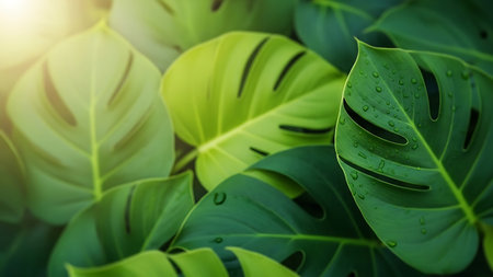 Close up of green tropical leaves with sunlight. Tropical nature background.の素材