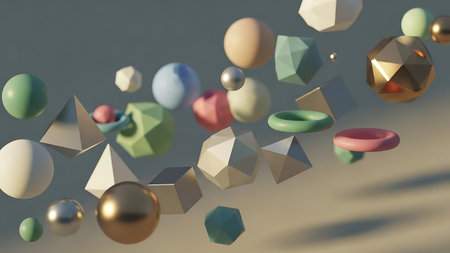 Abstract 3d rendering of chaotic multicolored geometric shapes in empty space.の素材