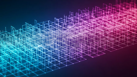 3d illustration of abstract geometric background with blue and pink neon lightの素材