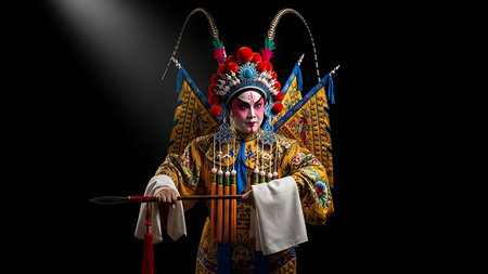 Chinese opera actor in traditional costume on black background. Chinese opera concept.の素材