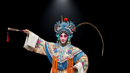 Chinese opera actor in traditional costume performing on stage. Isolated on black background.の素材