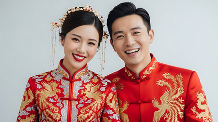 Portrait of a young asian couple wearing traditional chinese clothingの素材
