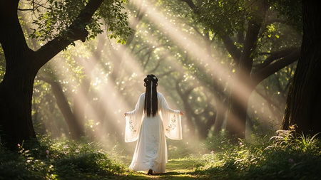 Asian woman in white japanese dress standing in a forest with sunbeamsの素材