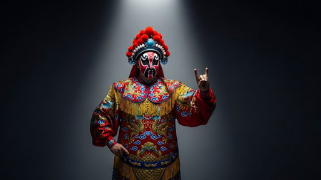 Chinese opera actor in traditional costume on dark background with bright spotlightsの素材
