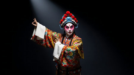 Portrait of a chinese opera actress in traditional costume on black backgroundの素材