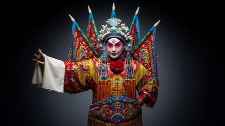 Chinese opera actor in a traditional costume on a black background. Chinese opera.の素材