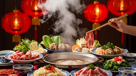 Asian traditional chinese cuisine set with hot pot and chopsticks.の素材