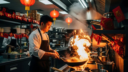 Chef preparing food in the kitchen of a restaurant or hotel.の素材