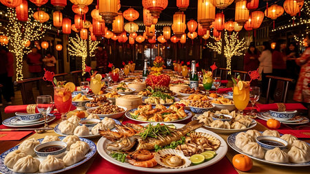 Chinese New Year dinner table with traditional Chinese food and decorations in Beijing, Chinaの素材