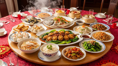 Traditional Chinese dishes on the table in a restaurant, close-upの素材