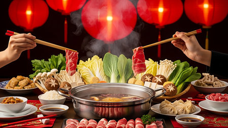 Asian people eating sukiyaki or shabu japanese foodの素材