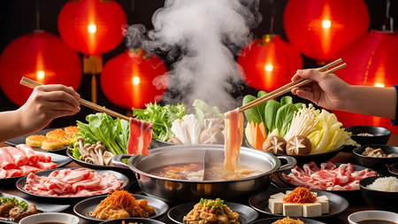 Chopsticks picking up shabu shabu in hot potの素材