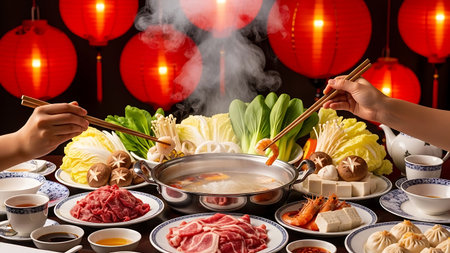 Sukiyaki, japanese hot pot with chopsticksの素材
