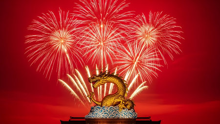 Fireworks over the golden dragon statue on red sky background, Chinese New Year conceptの素材