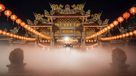 chinese temple at night with fog in chiangmai thailandの素材