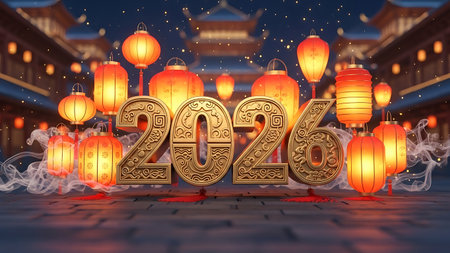Happy New Year 2020, Year of the Pig. Chinese lanterns. 3D renderingの素材