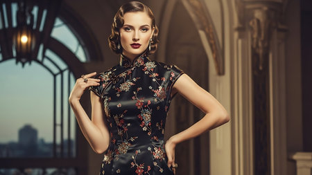 Portrait of a beautiful young woman in a black dress. Retro style.の素材