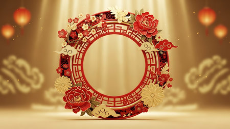 Chinese New Year red round frame with gold paper cut flowers and lanterns, 3d renderの素材