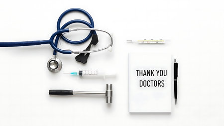 Stethoscope, syringe, ampoule and notebook with Thank you doctors words on white backgroundの素材