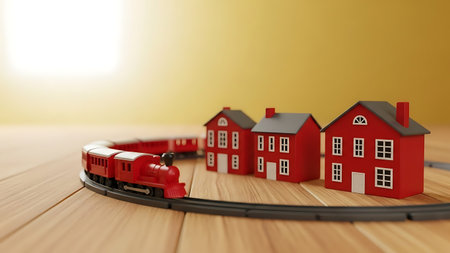 3d render of toy train and small houses on wooden floor.の素材