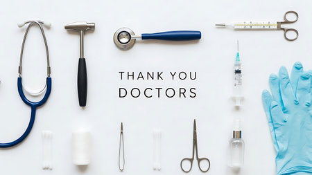 top view of stethoscope, syringe, mask and gloves on white background with thank you doctors textの素材