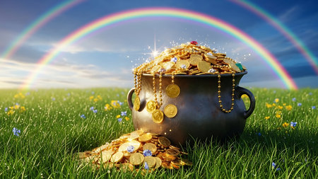 Pot of gold coins on green meadow with rainbow. 3d illustrationの素材