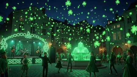 Leprechauns dancing in the city at night.の素材