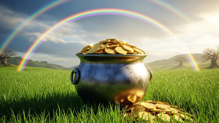 Pot of gold coins on green grass with rainbow in the background.の素材