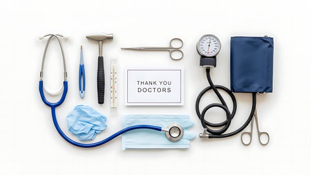 Medical equipment. Stethoscope, blood pressure monitor and stethoscope on white background top viewの素材